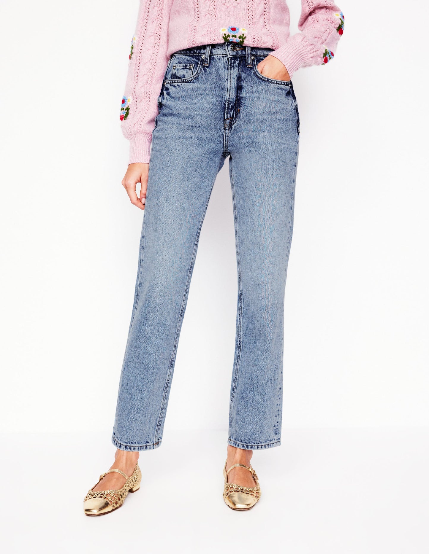 High Rise Straight Leg Jeans-Light Wash