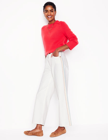 High Rise Straight Crop Jeans-Off White w/ Embroidery