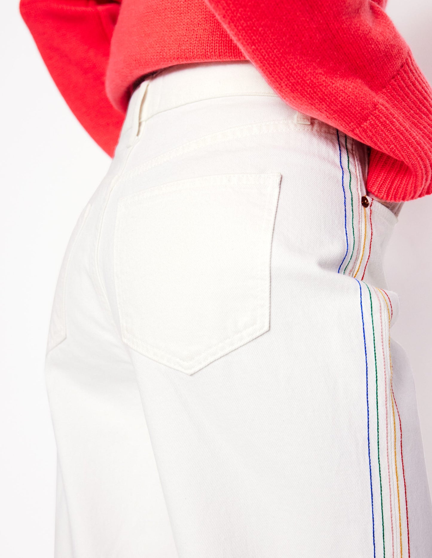 High Rise Straight Crop Jeans-Off White w/ Embroidery