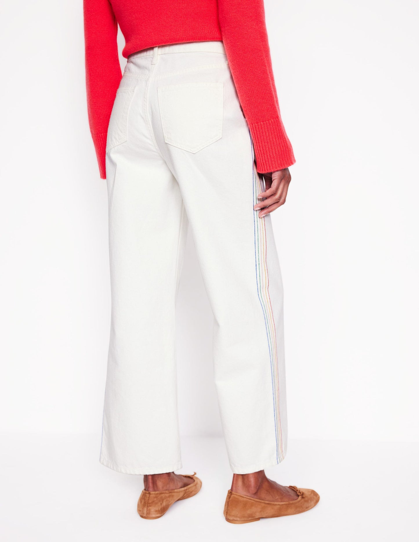 High Rise Straight Crop Jeans-Off White w/ Embroidery