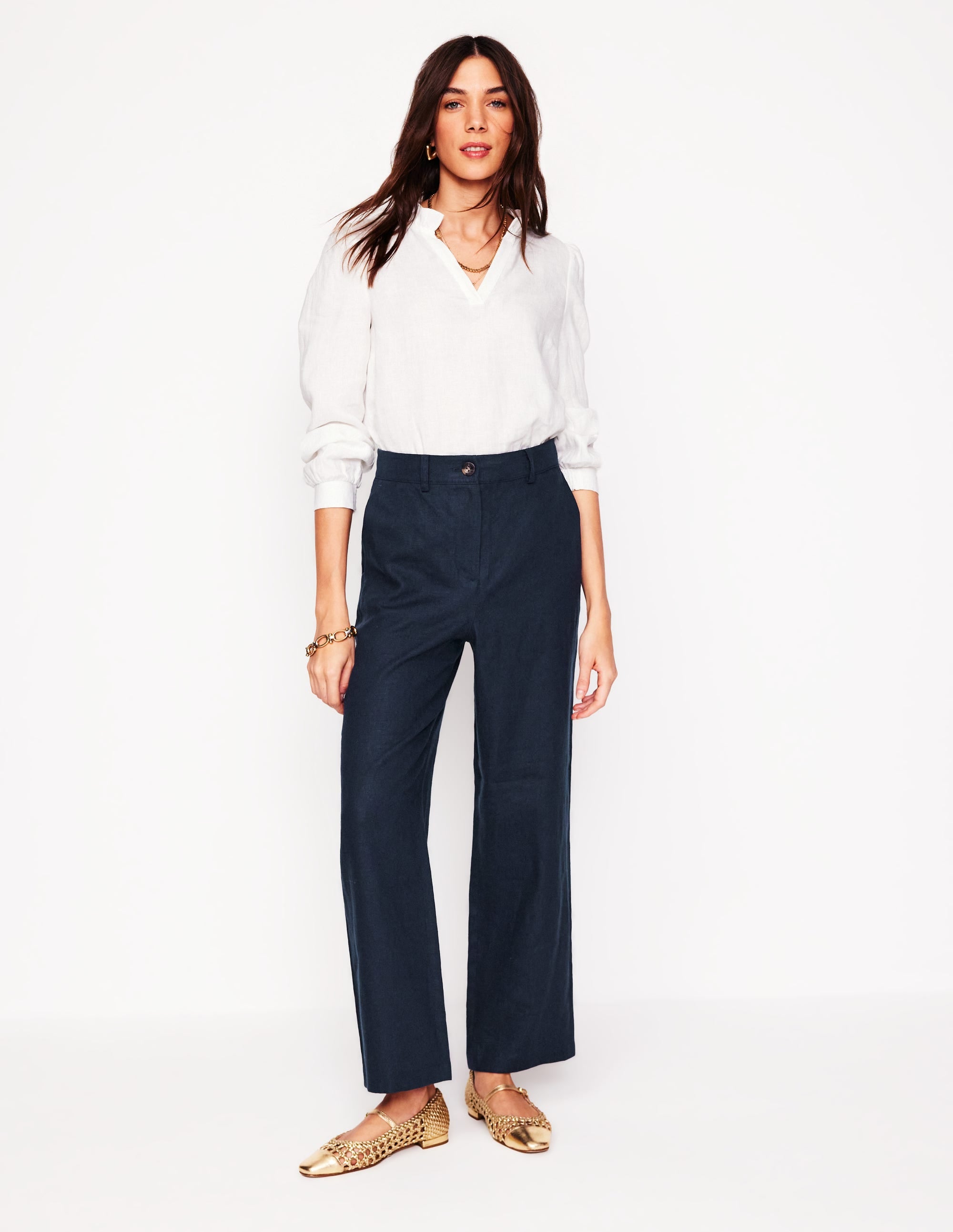 Westbourne Crop Linen Pants-Navy - Image 1