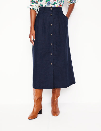 Verity Linen Midi Skirt-Navy