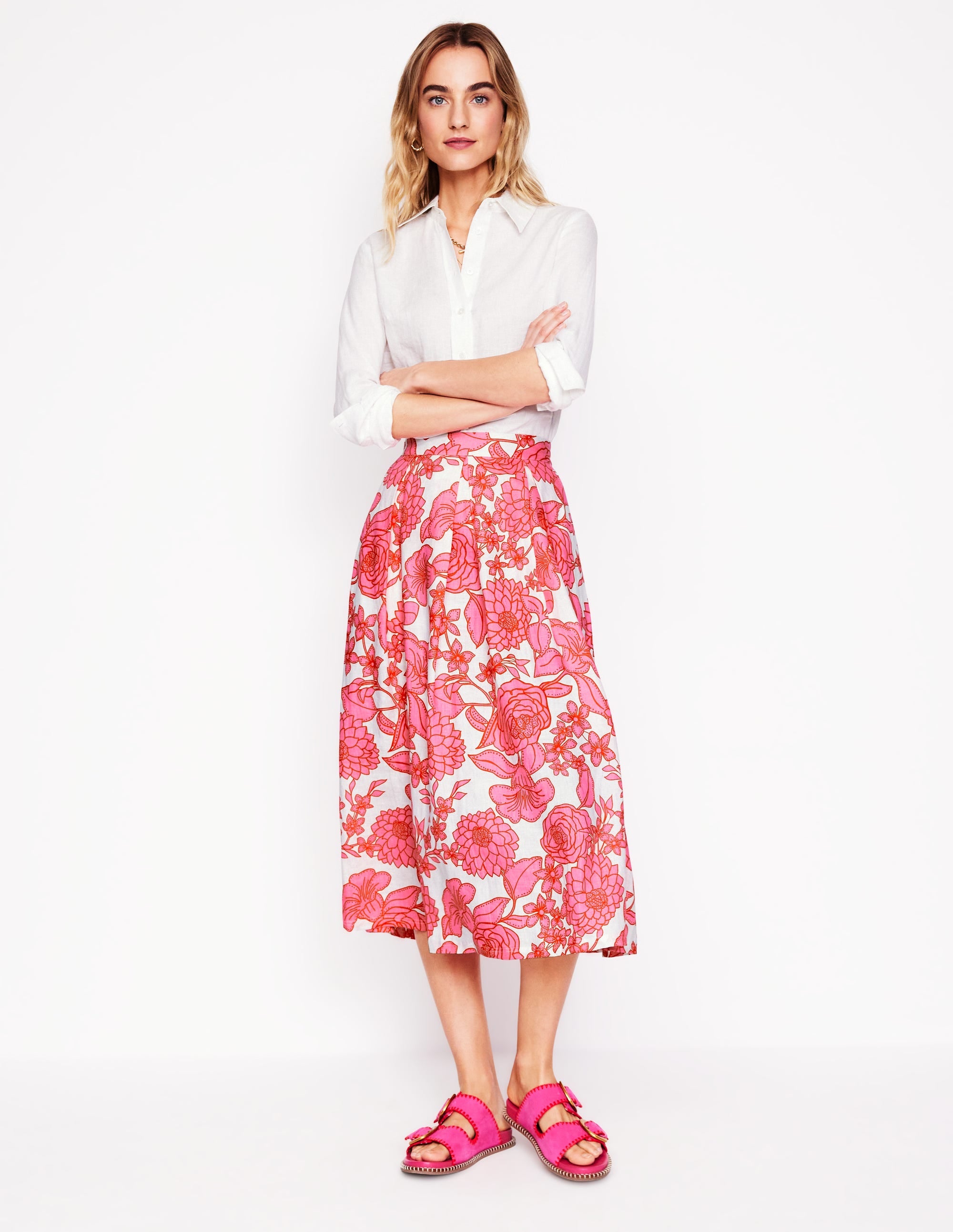 Verity Linen Midi Skirt-Pink, Blossom Cascade - Image 1