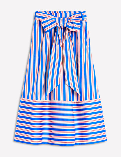 Tie Belt Sateen Midi Skirt-Blue and Terracotta Stripe