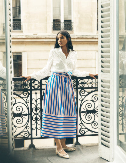 Tie Belt Sateen Midi Skirt-Blue and Terracotta Stripe