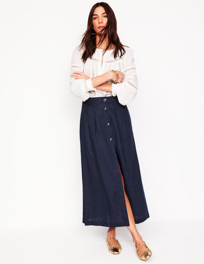 Thomasina Linen Midi Skirt-Navy