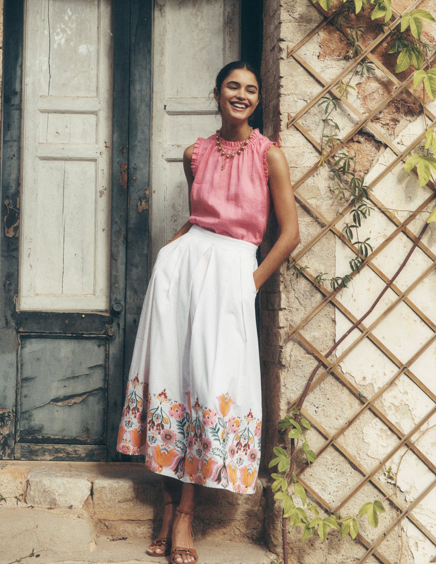 Verity Embroidered Linen Skirt-Ivory