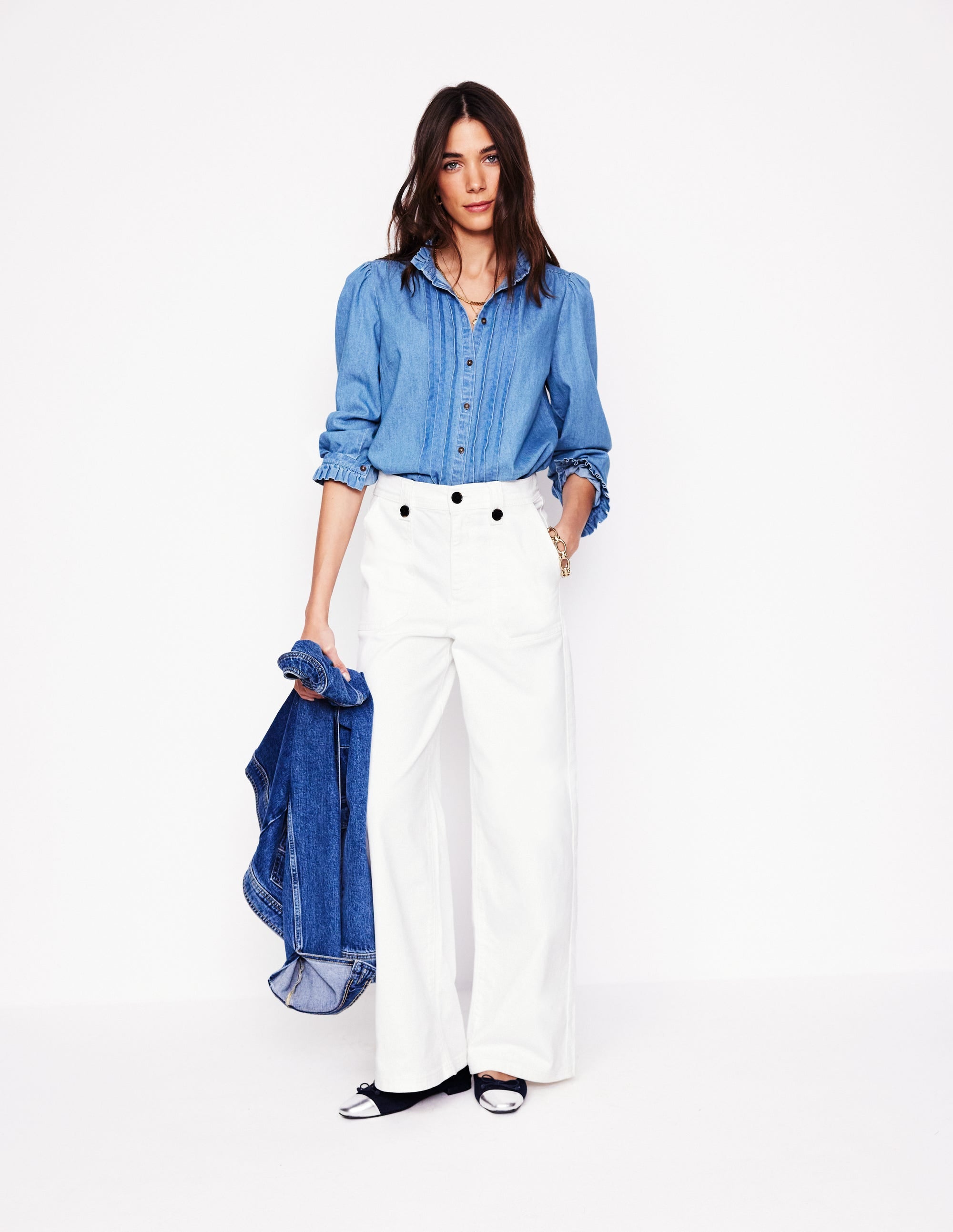 Mid Rise Button Detail Jeans-Ecru - Image 1