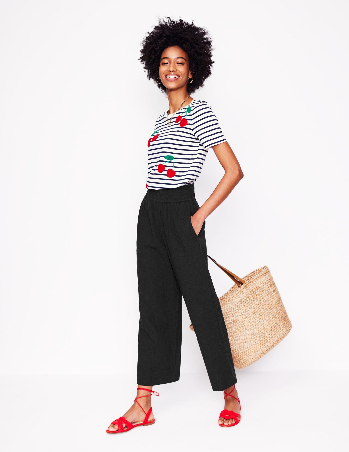 Cropped Double Cloth Pants-Black