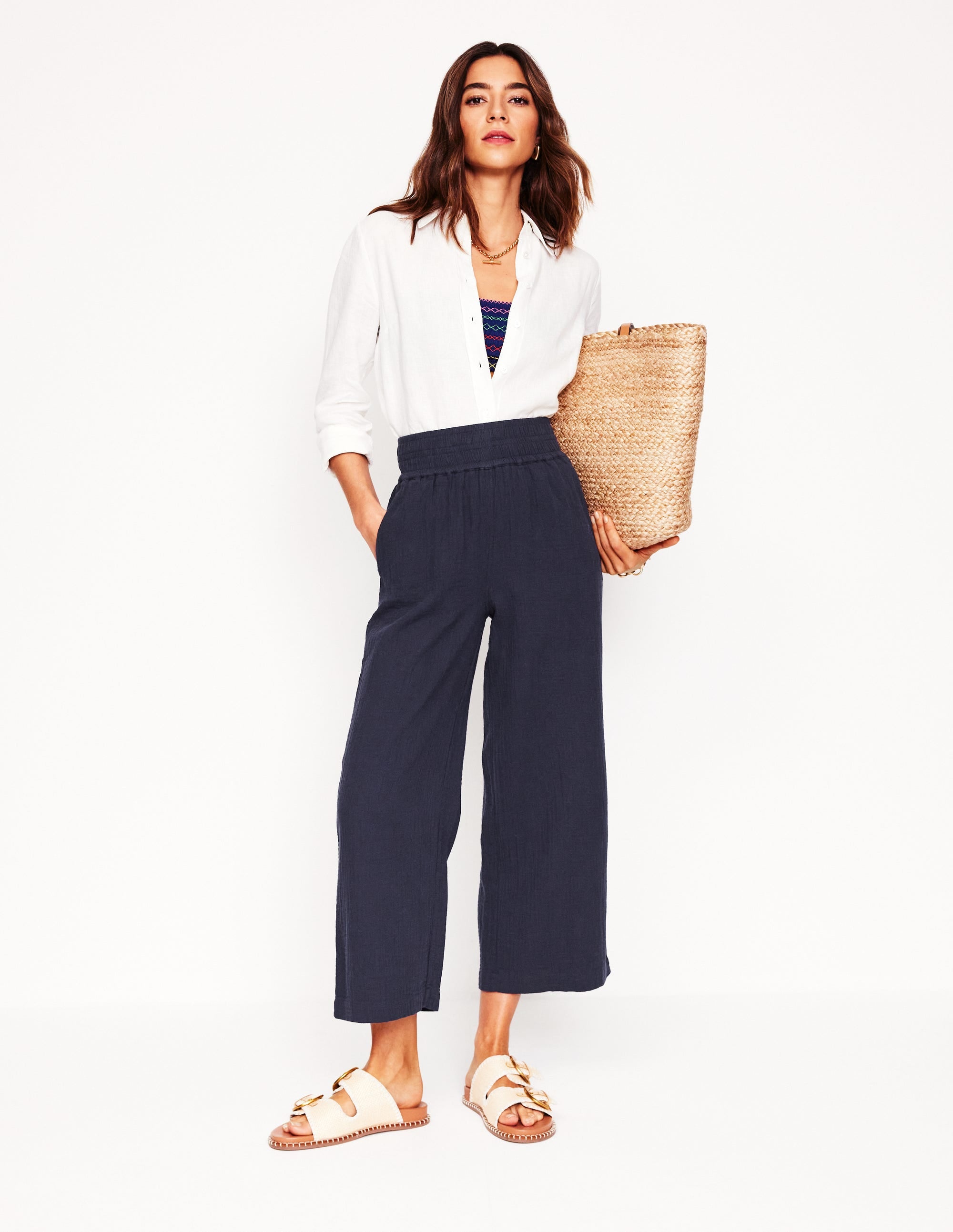 Cropped Double Cloth Pants-Navy - Image 1