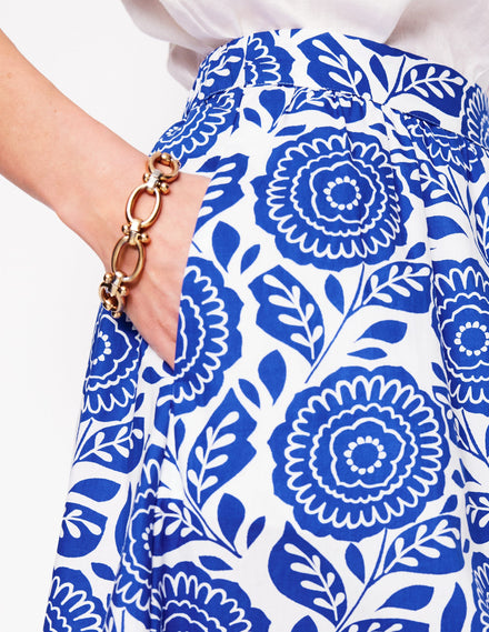 Hattie Poplin Midi Skirt-Bright Blue, Dahlia Stamp