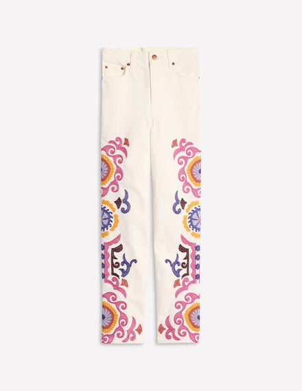 High Rise Embroidered Jeans-White Embroidery