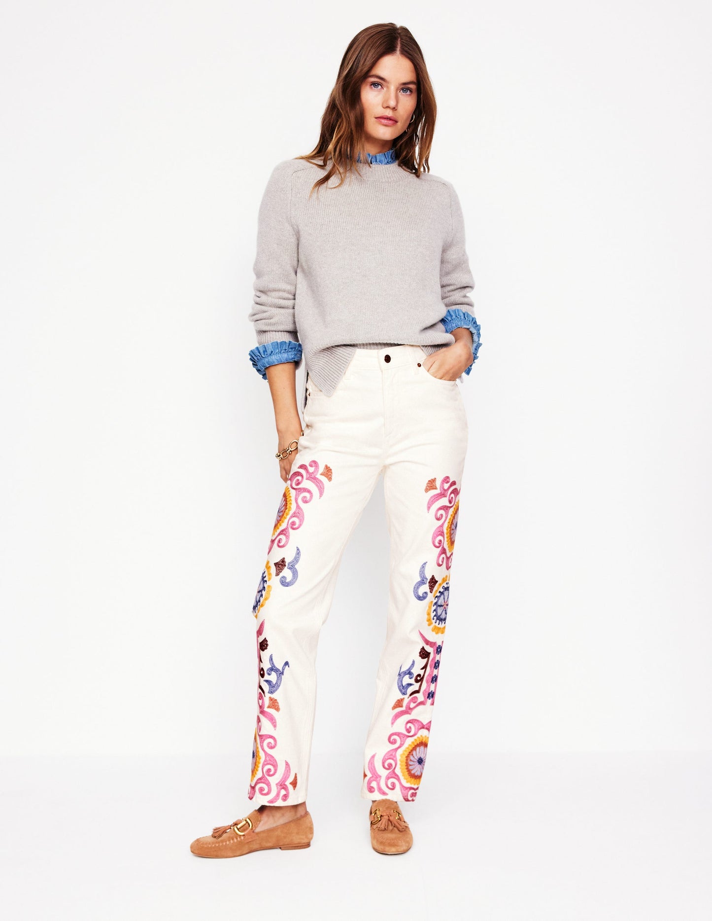 High Rise Embroidered Jeans-White Embroidery