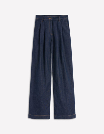 Pleated Wide Leg Jeans-Indigo Rinse-6