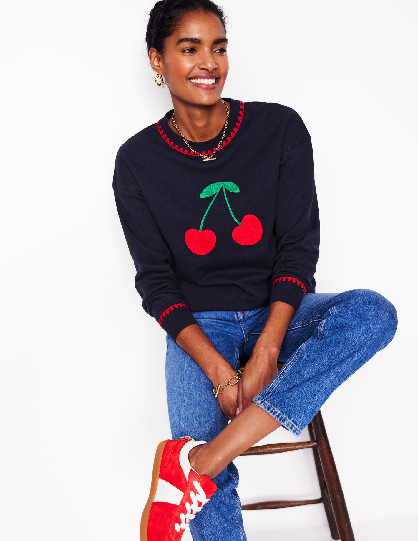 Emi Embroidered Sweatshirt-Navy, Cherries