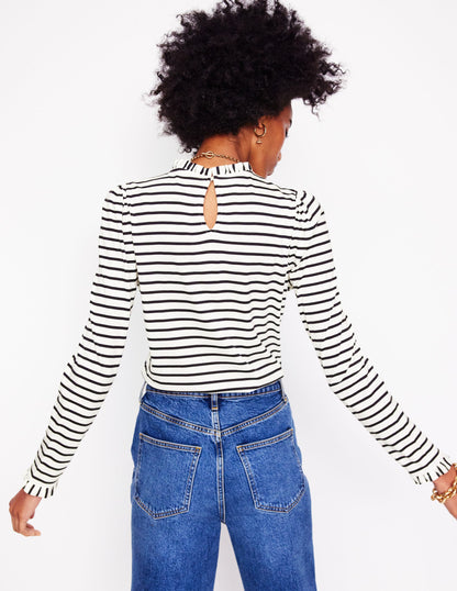 Supersoft Frill Detail Top-Ivory / Navy Stripe