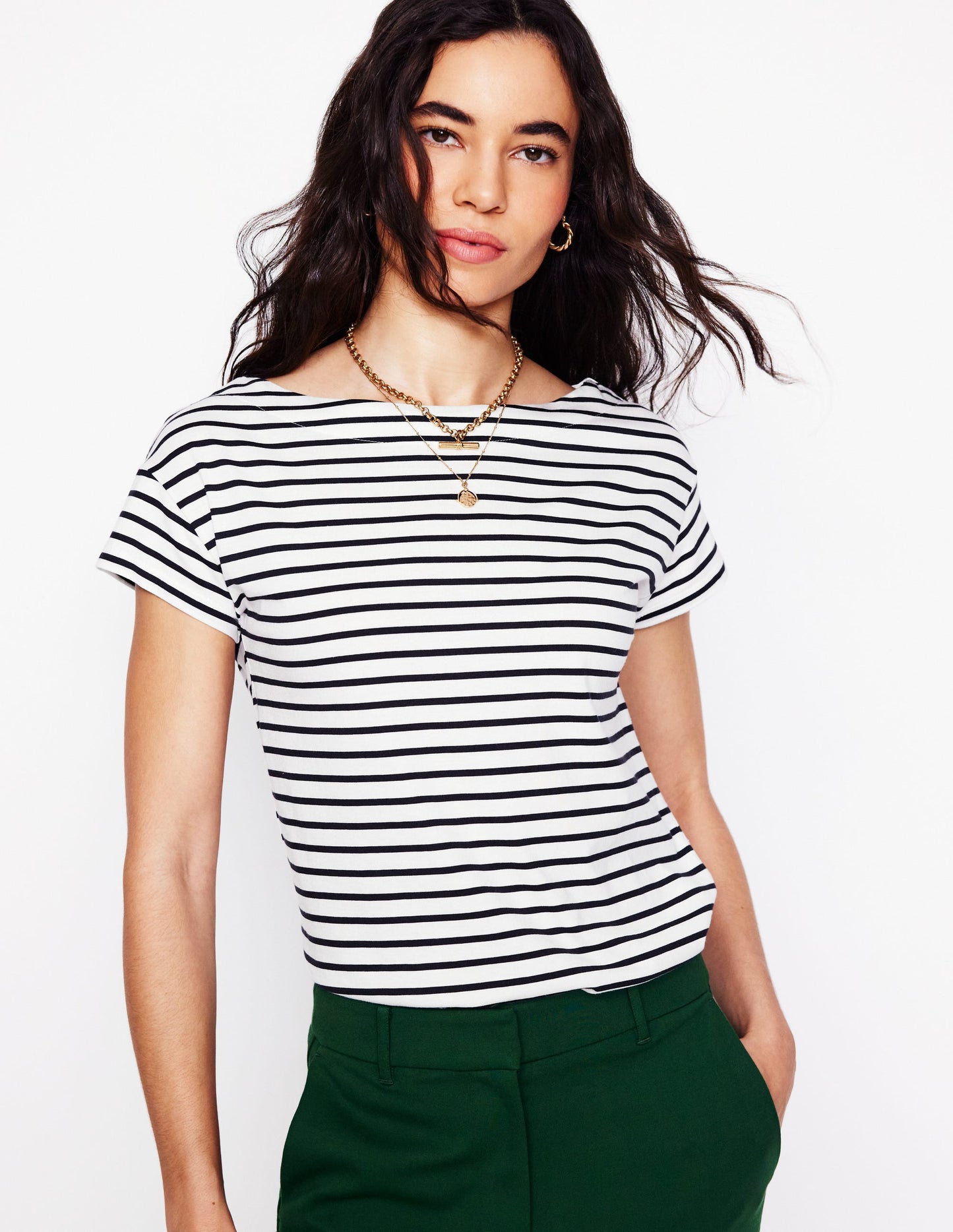 Supersoft Boat Neck T-Shirt-Ivory, Navy Stripe