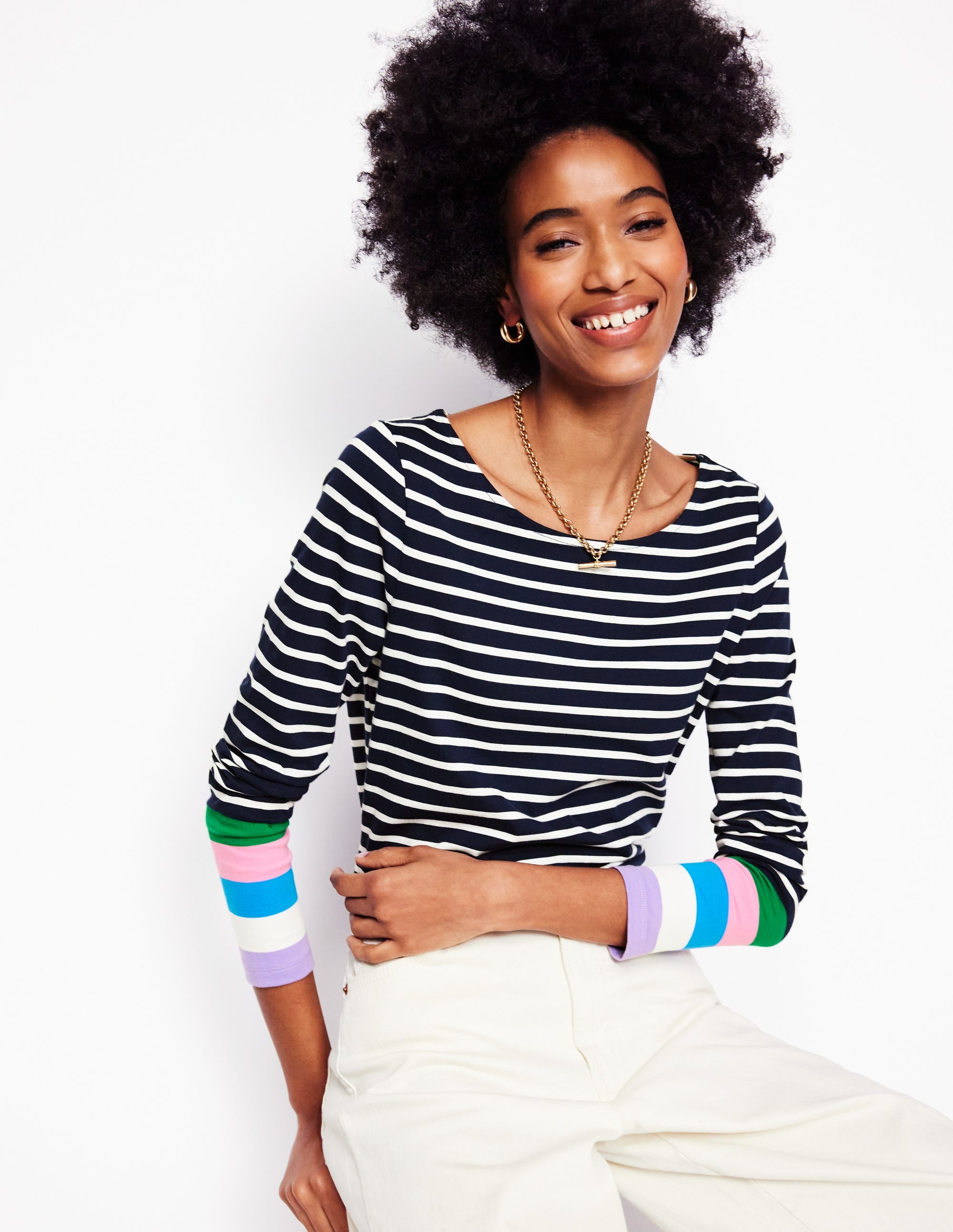 Ella Long Sleeve Breton-Navy Multi Cuff - Image 1