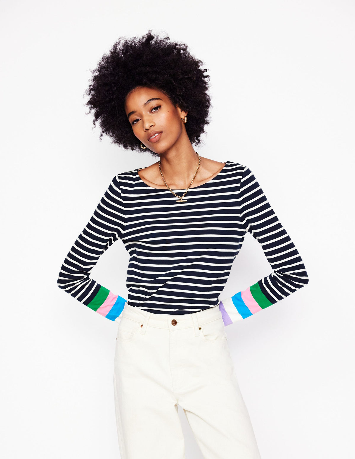 Ella Long Sleeve Breton-Navy Multi Cuff - Image 3