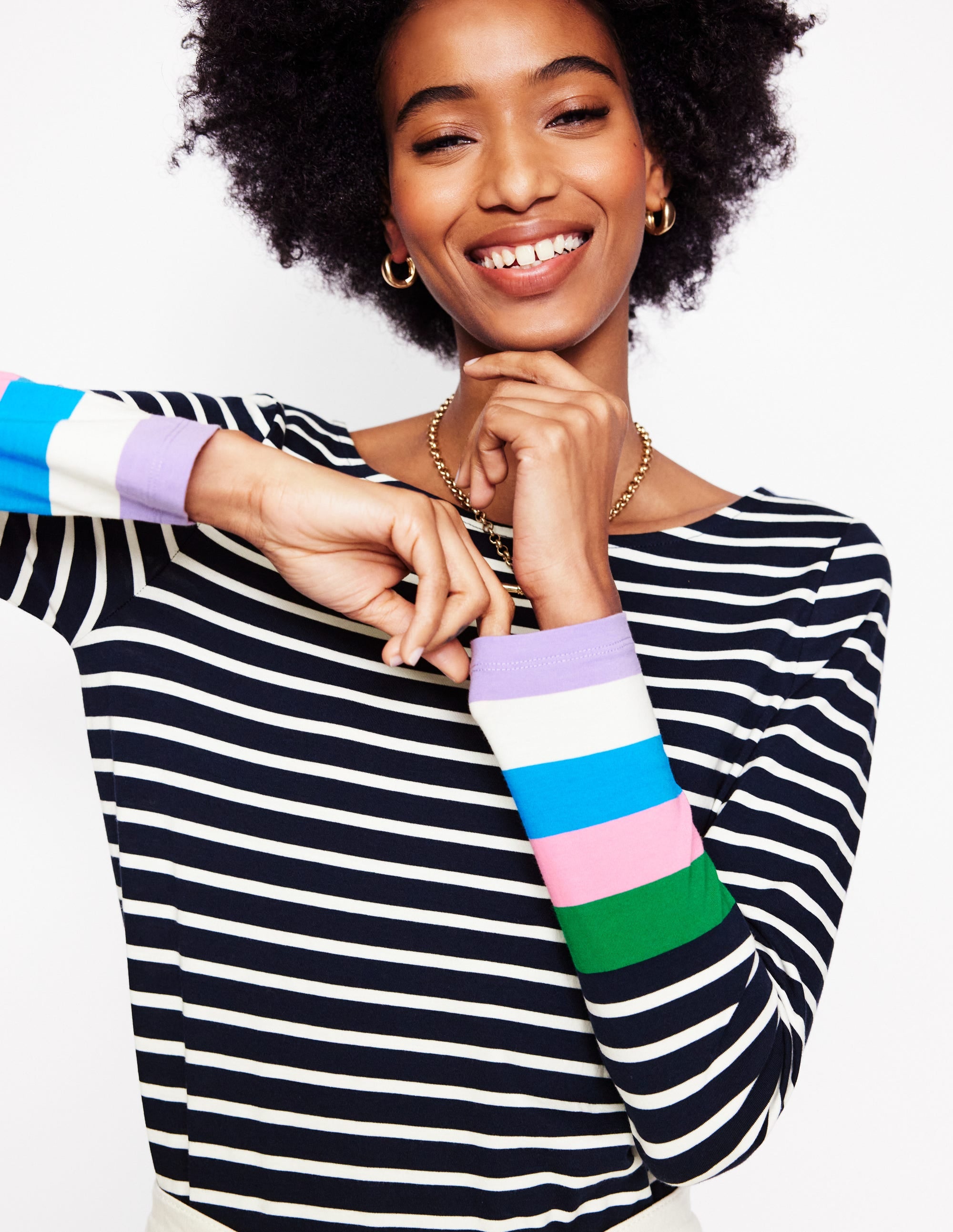 Ella Long Sleeve Breton-Navy Multi Cuff - Image 4