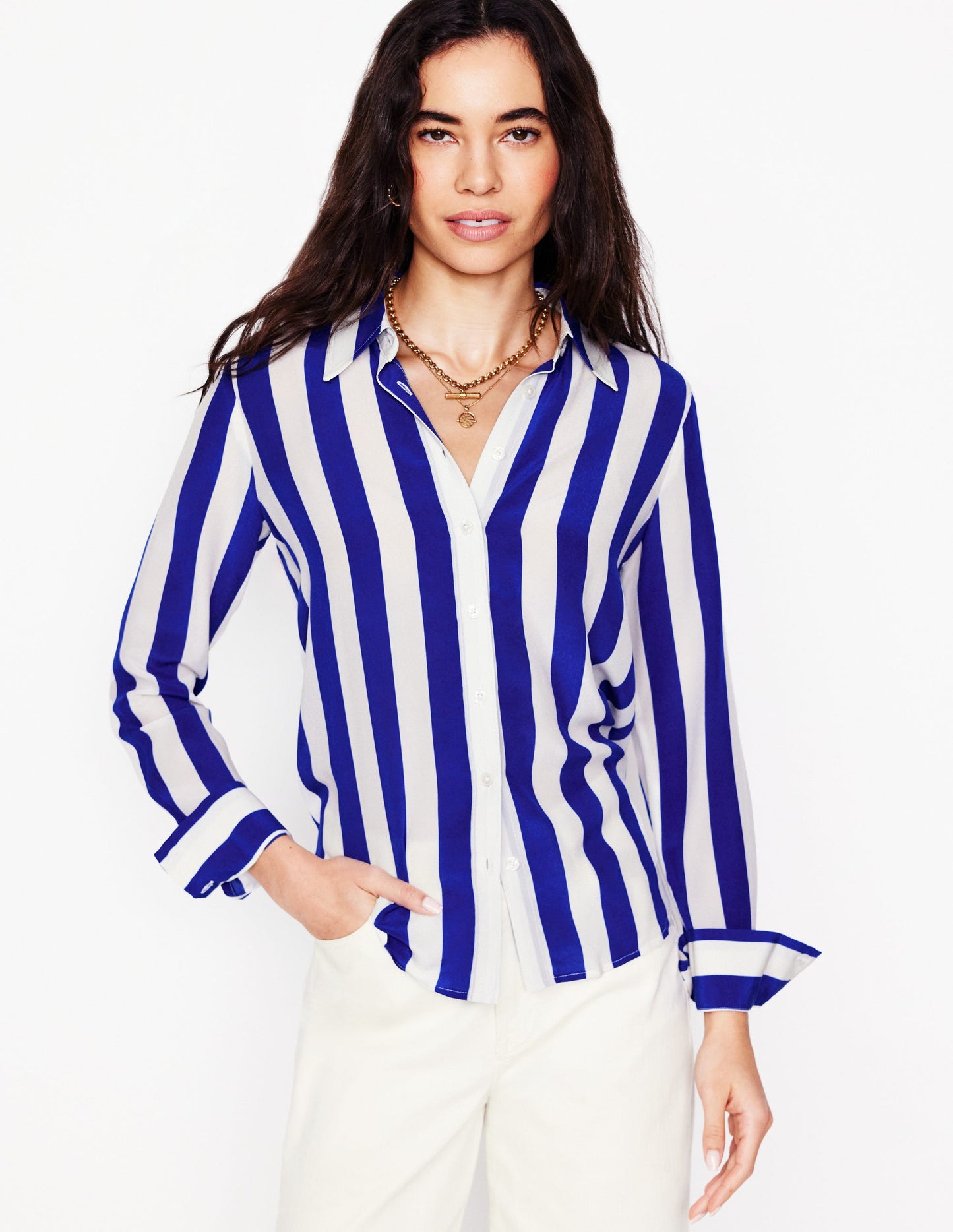 Sienna Silk Shirt-Bright Blue Wide Stripe