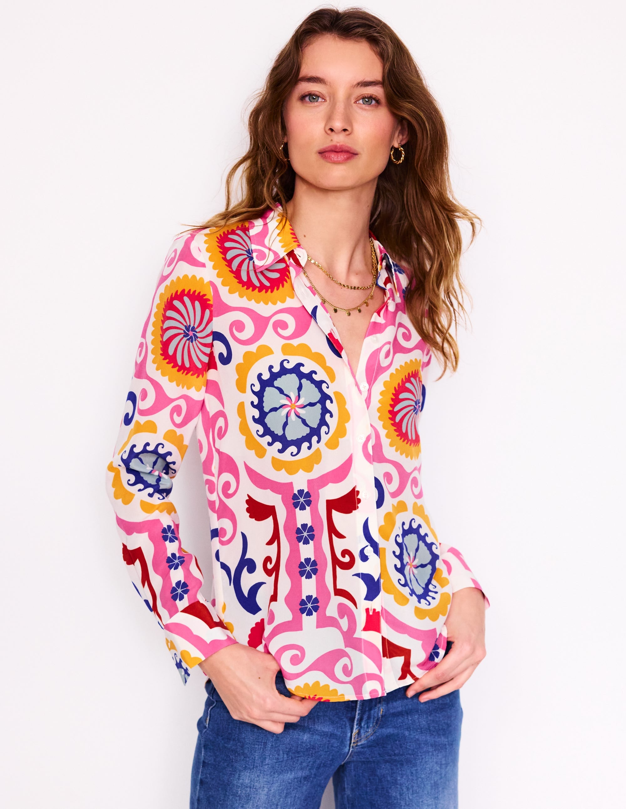 Sienna Silk Shirt-Multi, Ornamental Wave - Image 1