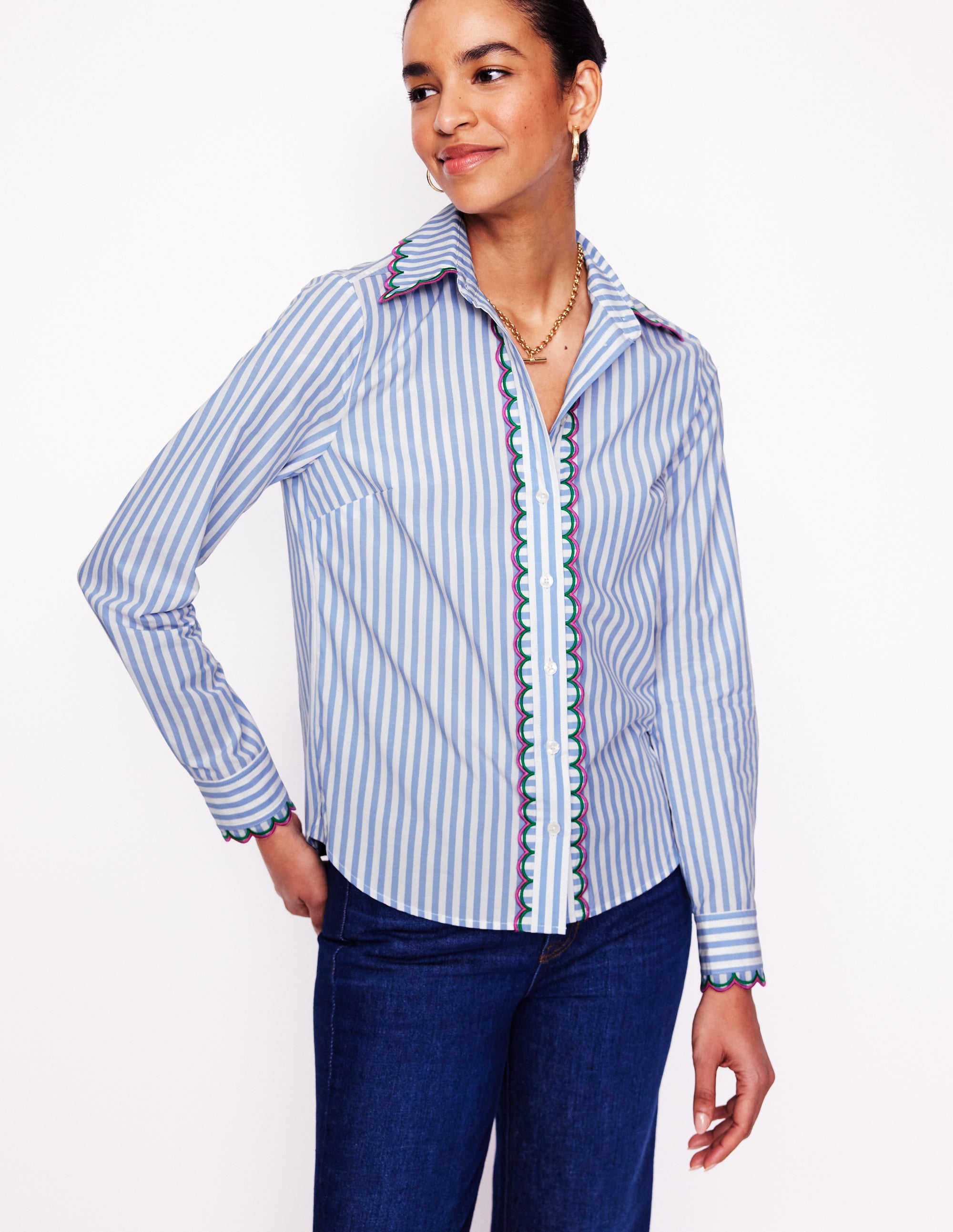 Sienna Interest Cotton Shirt-Multi, Blue and Ivory Stripe - Image 5