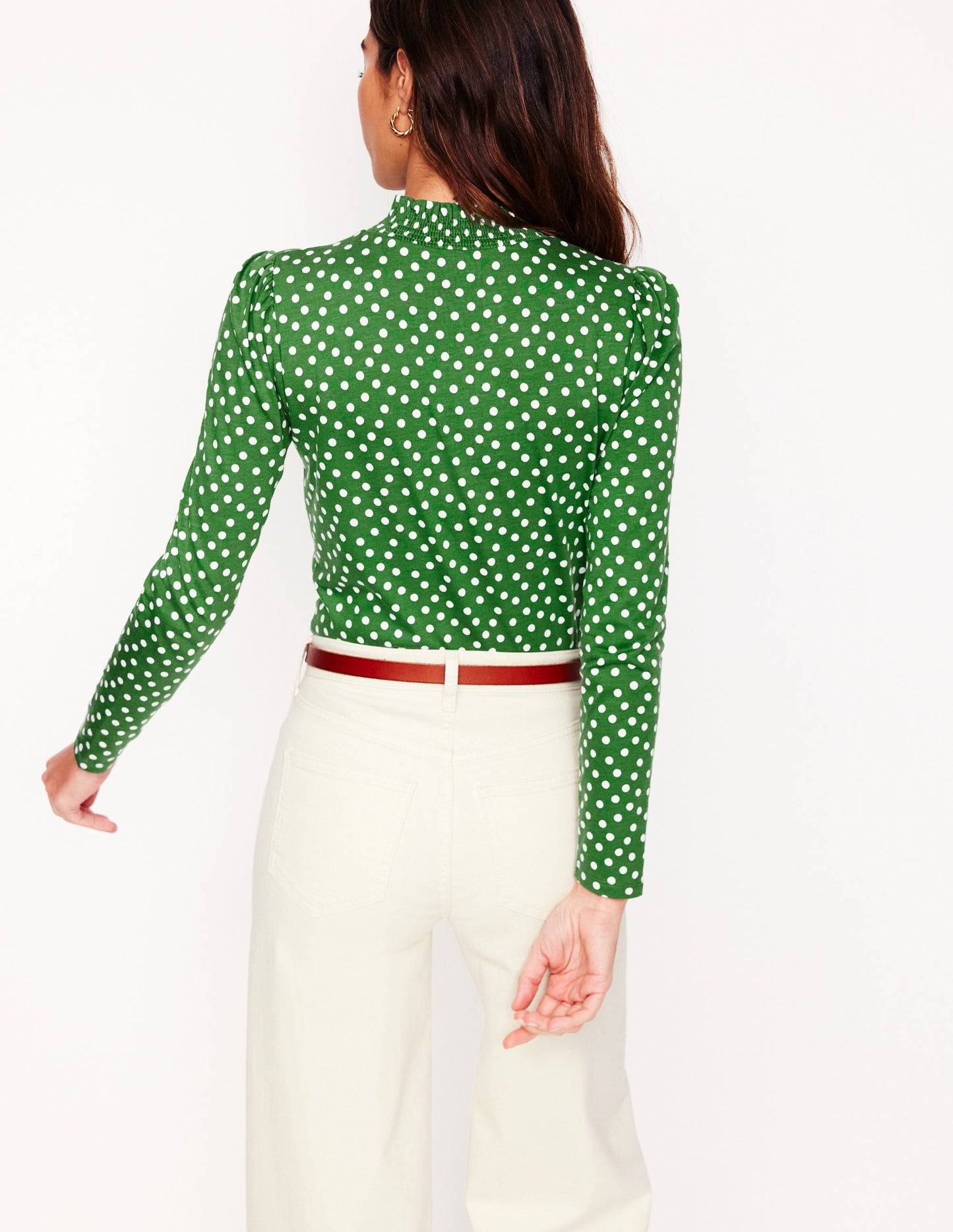 Smocked Neck Printed Top-Promenade Green, Abstract Dot