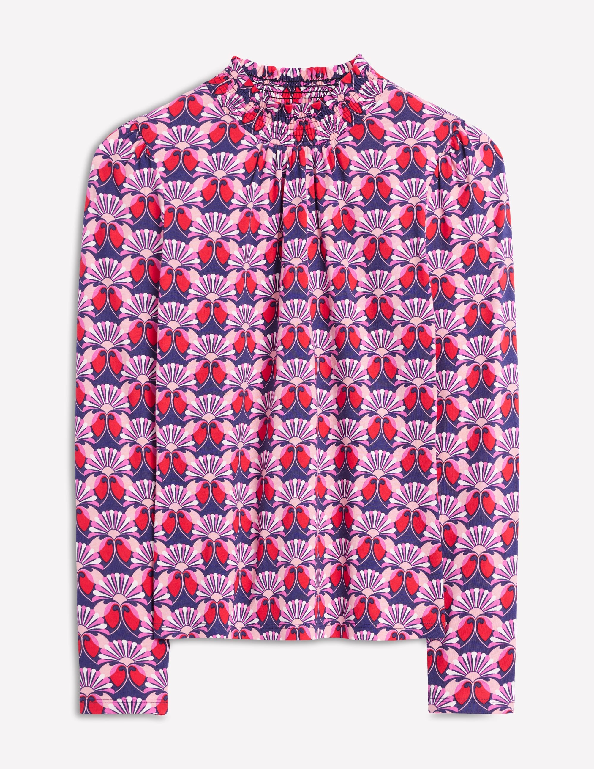 Smocked Neck Printed Top-Poppy Red, Daisy Bloom Geo - Image 5
