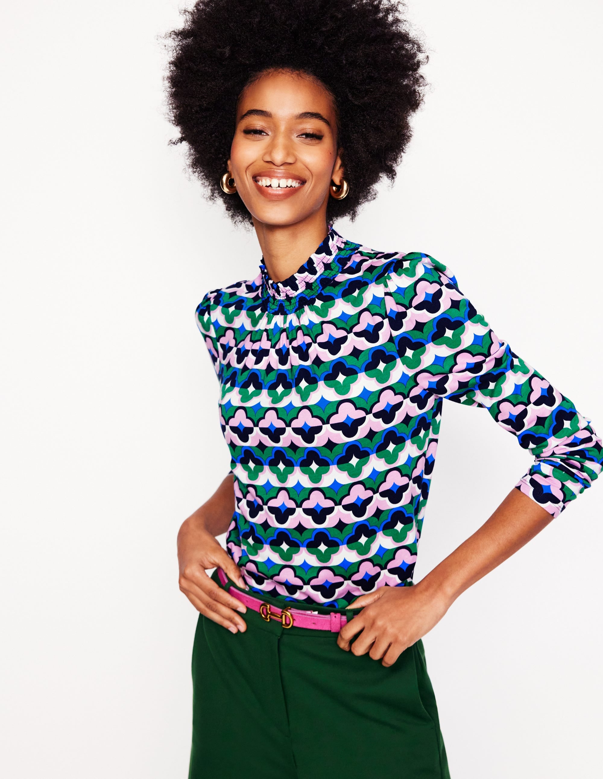Smocked Neck Printed Top-Rich Emerald, Lucky Clover - Image 1