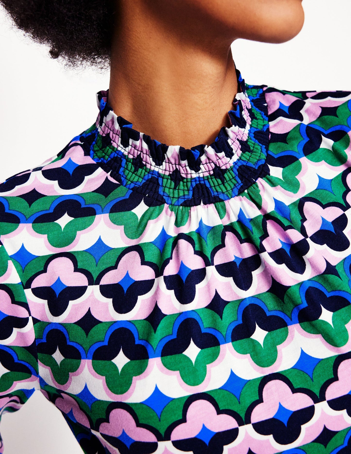 Smocked Neck Printed Top-Rich Emerald, Lucky Clover