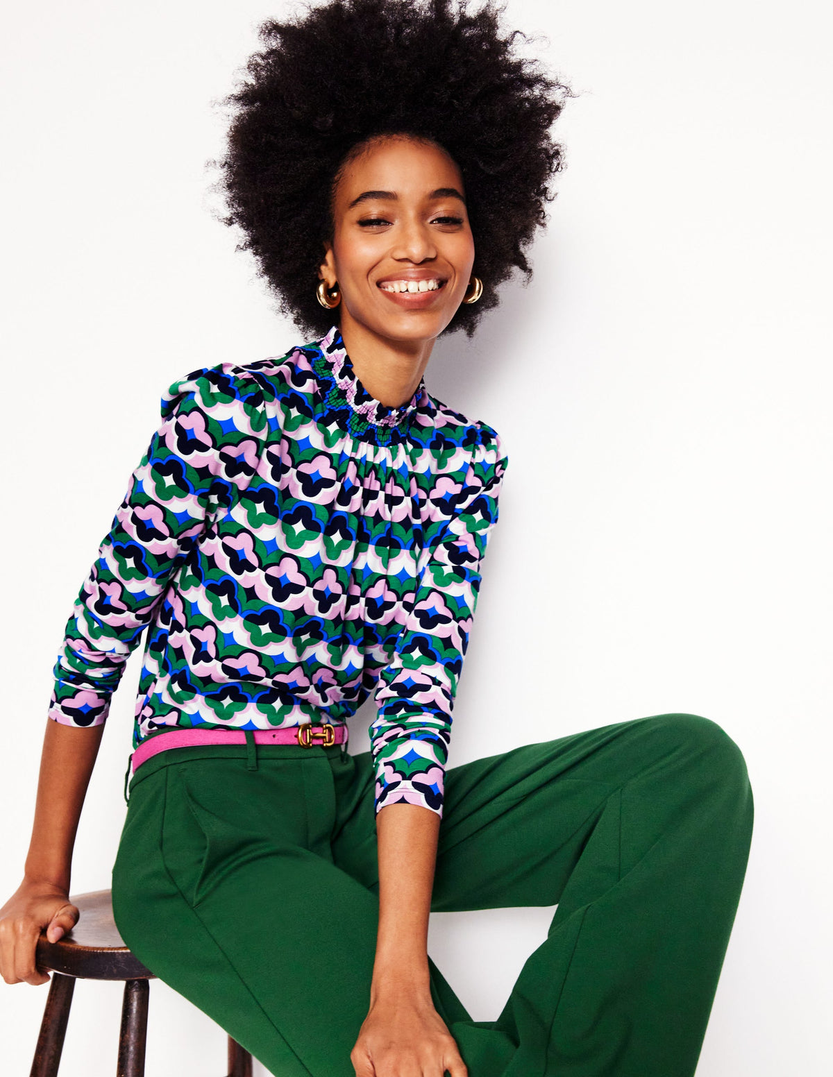 Smocked Neck Printed Top-Rich Emerald, Lucky Clover - Image 4