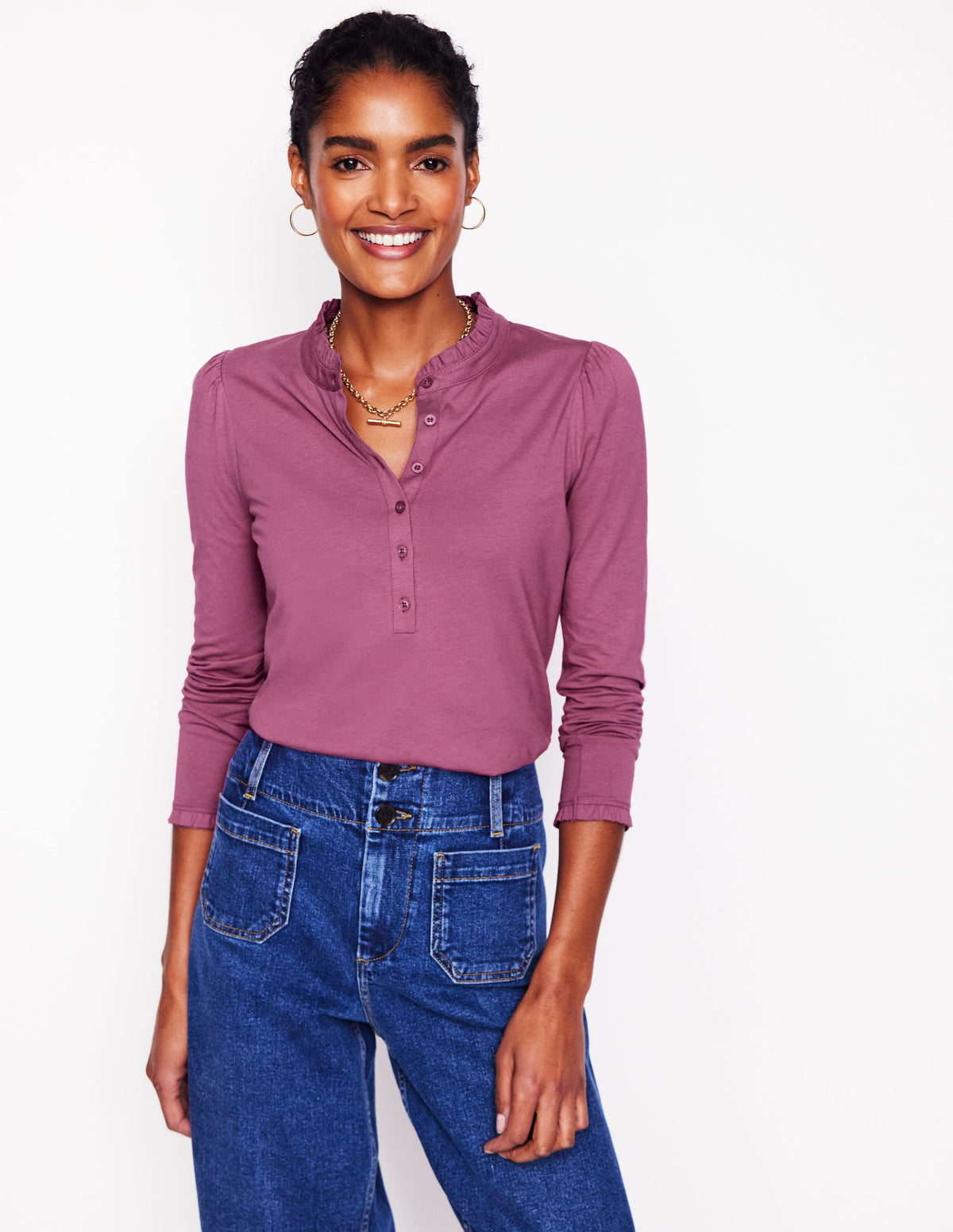 Supersoft Frill Henley Top-Purple Damson - Image 1