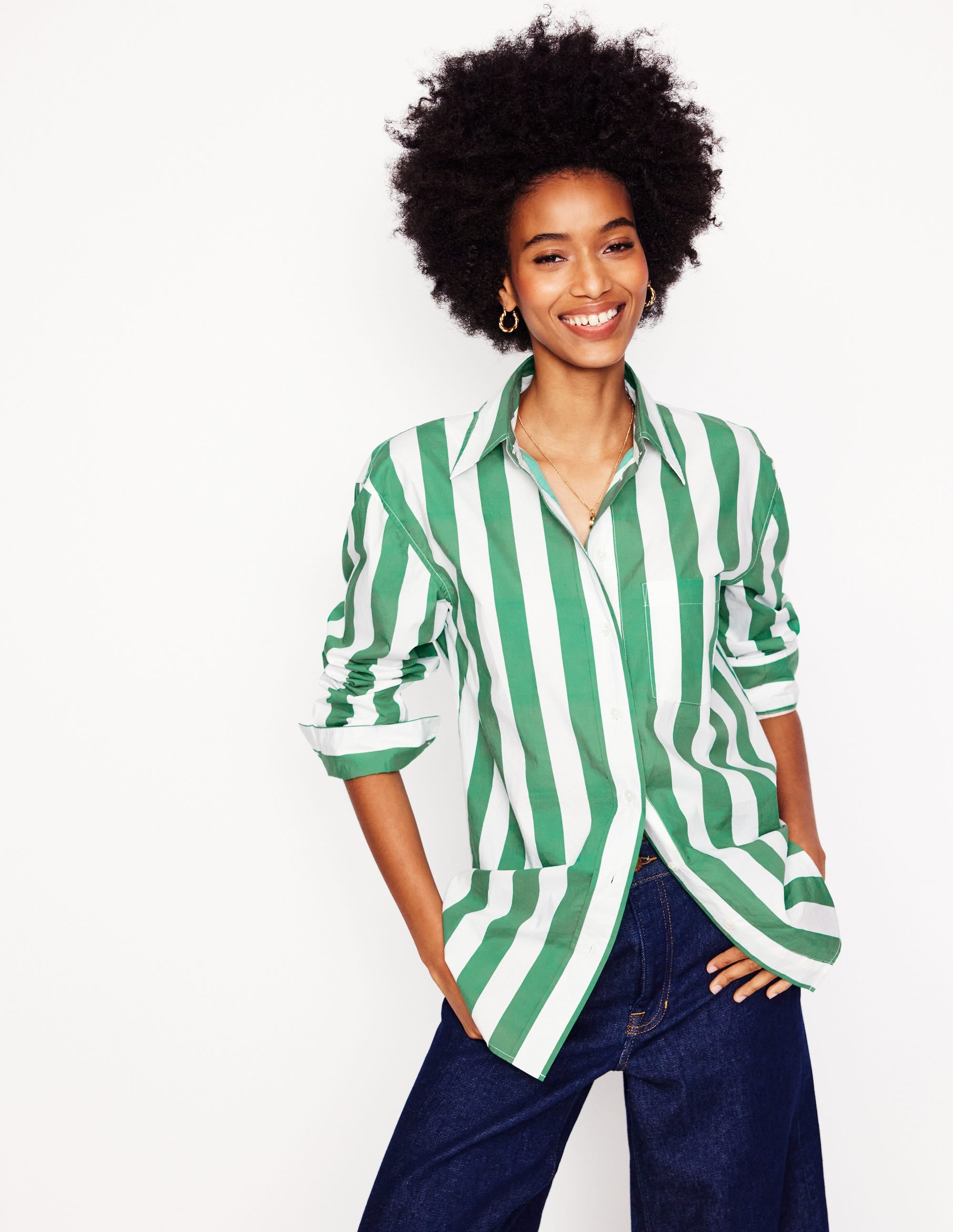 Sadie Relaxed Cotton Shirt-Rich Emerald Wide Stripe - Image 1