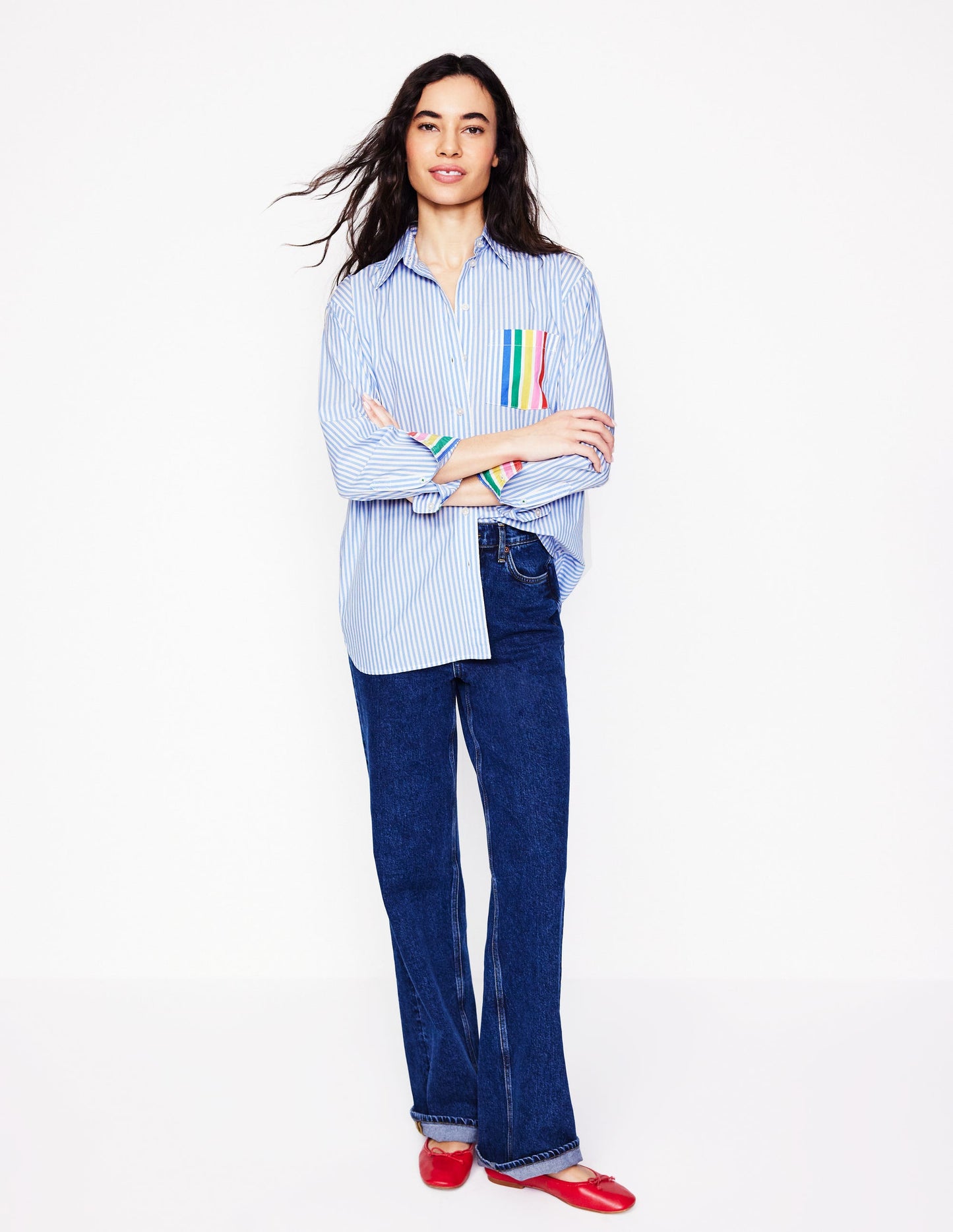 Sadie Relaxed Cotton Shirt-Rainbow Stripe Placement