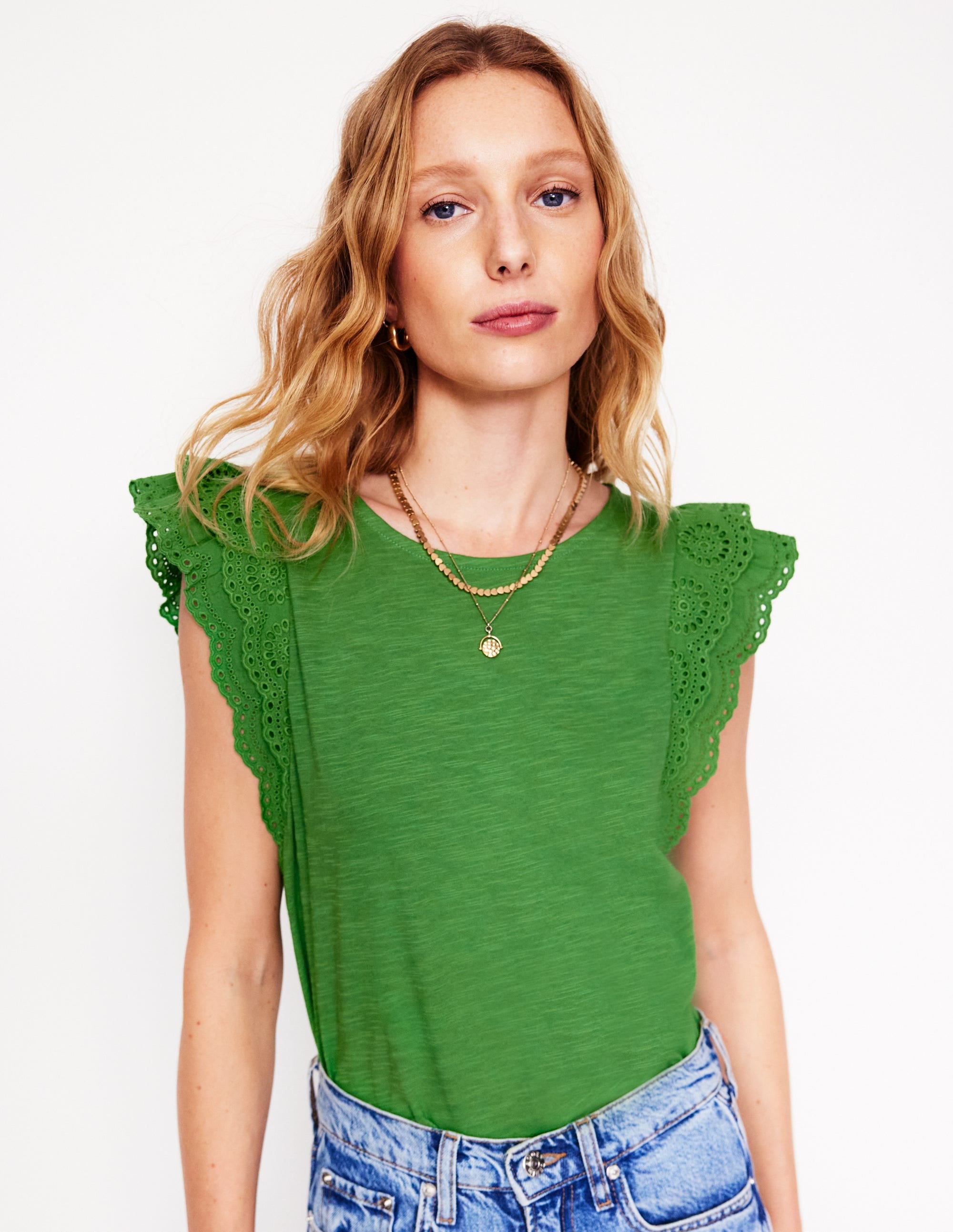 Belle Broderie Sleeve Top-Paradise Green - Image 1