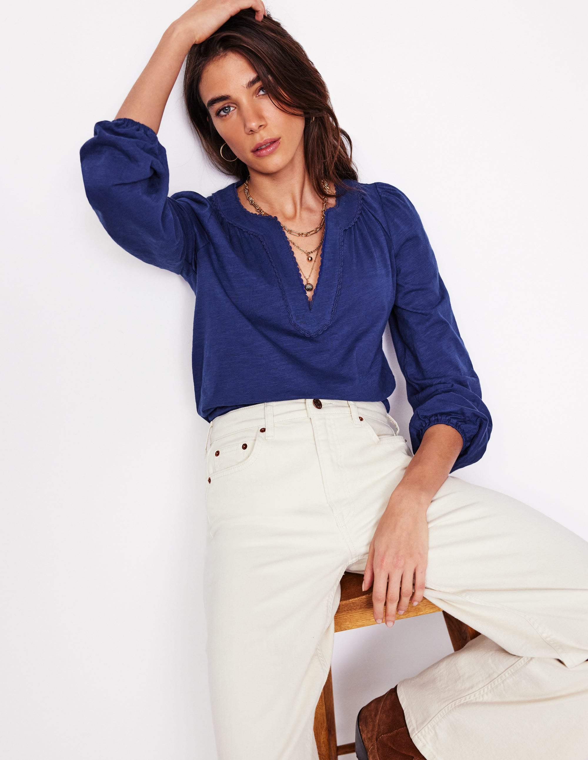 Ava Long Sleeve Trim Top-Starboard Blue - Image 1