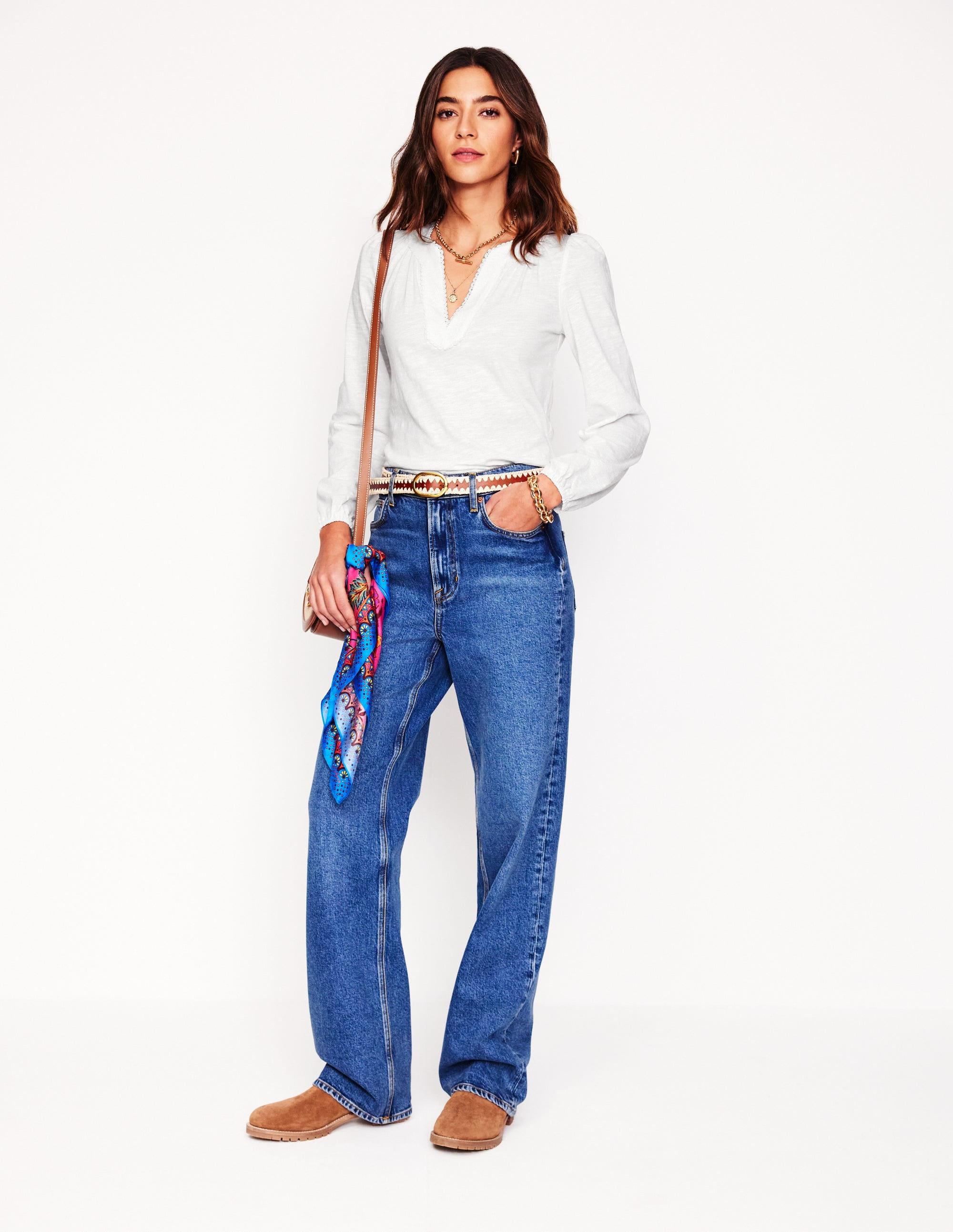 Ava Long Sleeve Trim Top-White - Image 1