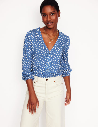 Poppy Ruffled Henley Top-Blue River, Abstract Spot