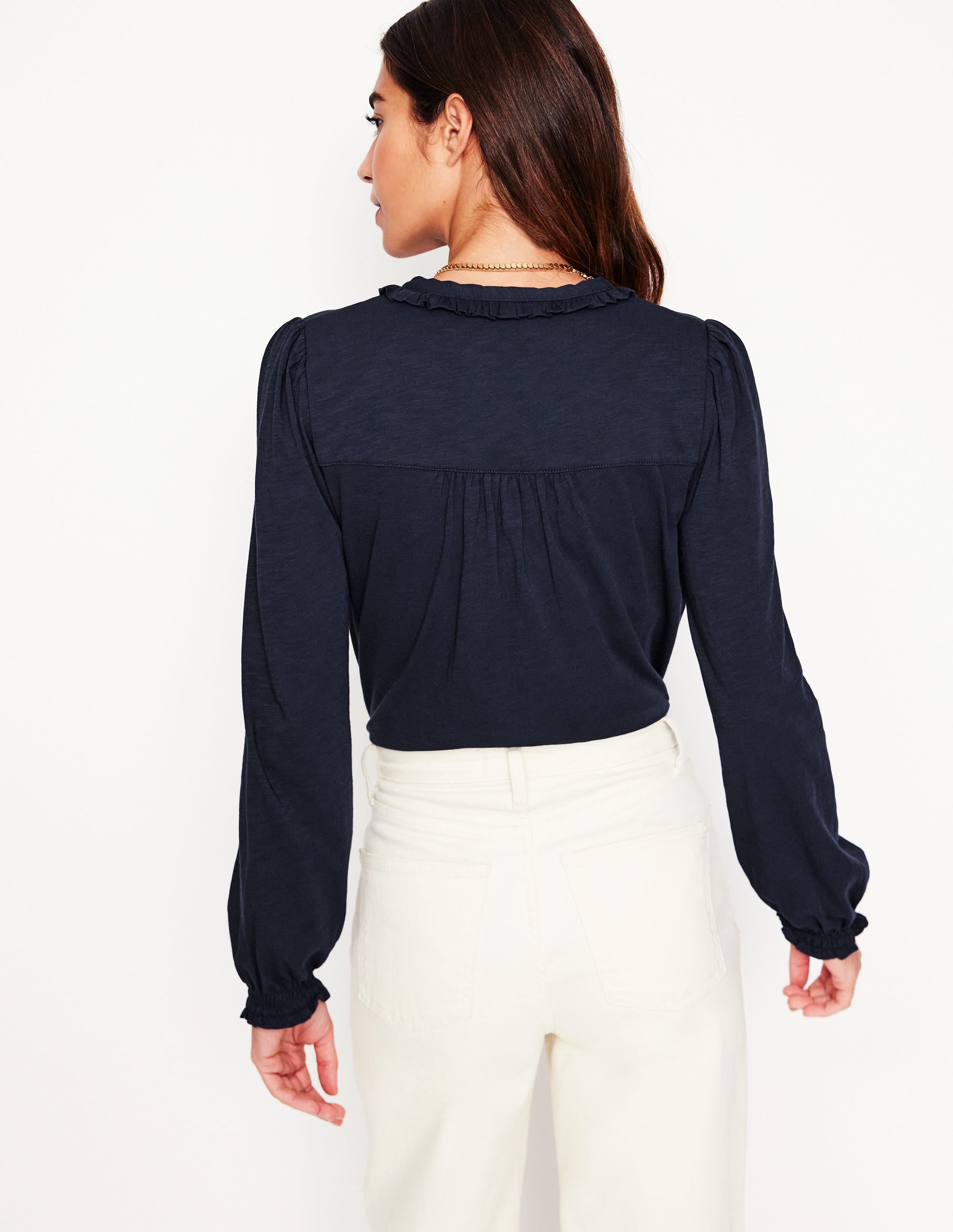 Poppy Ruffled Henley Top-Navy - Image 3