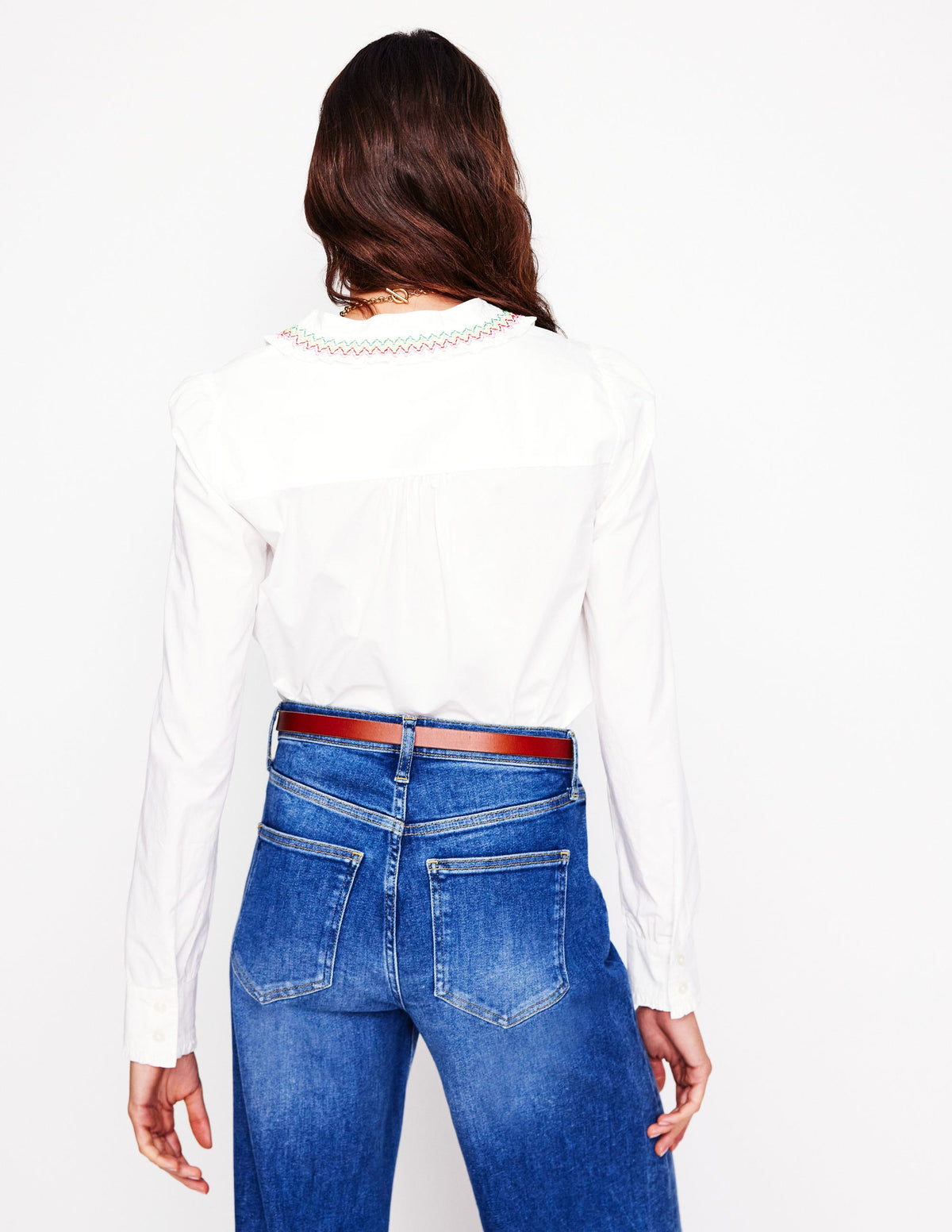Smocked Neck Shirt-White, Multi Stitching - Image 3