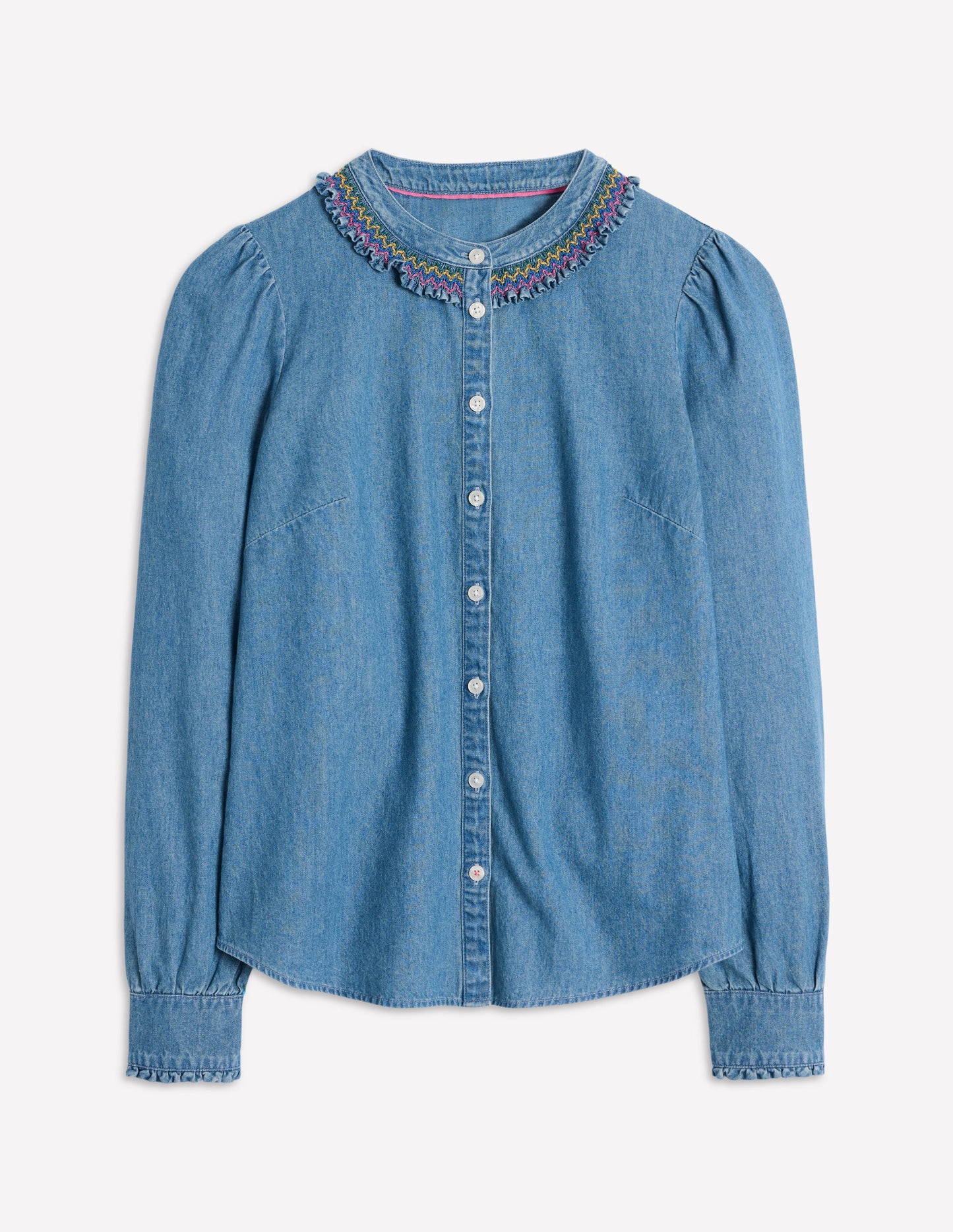 Smocked Neck Denim Shirt-Light Authentic