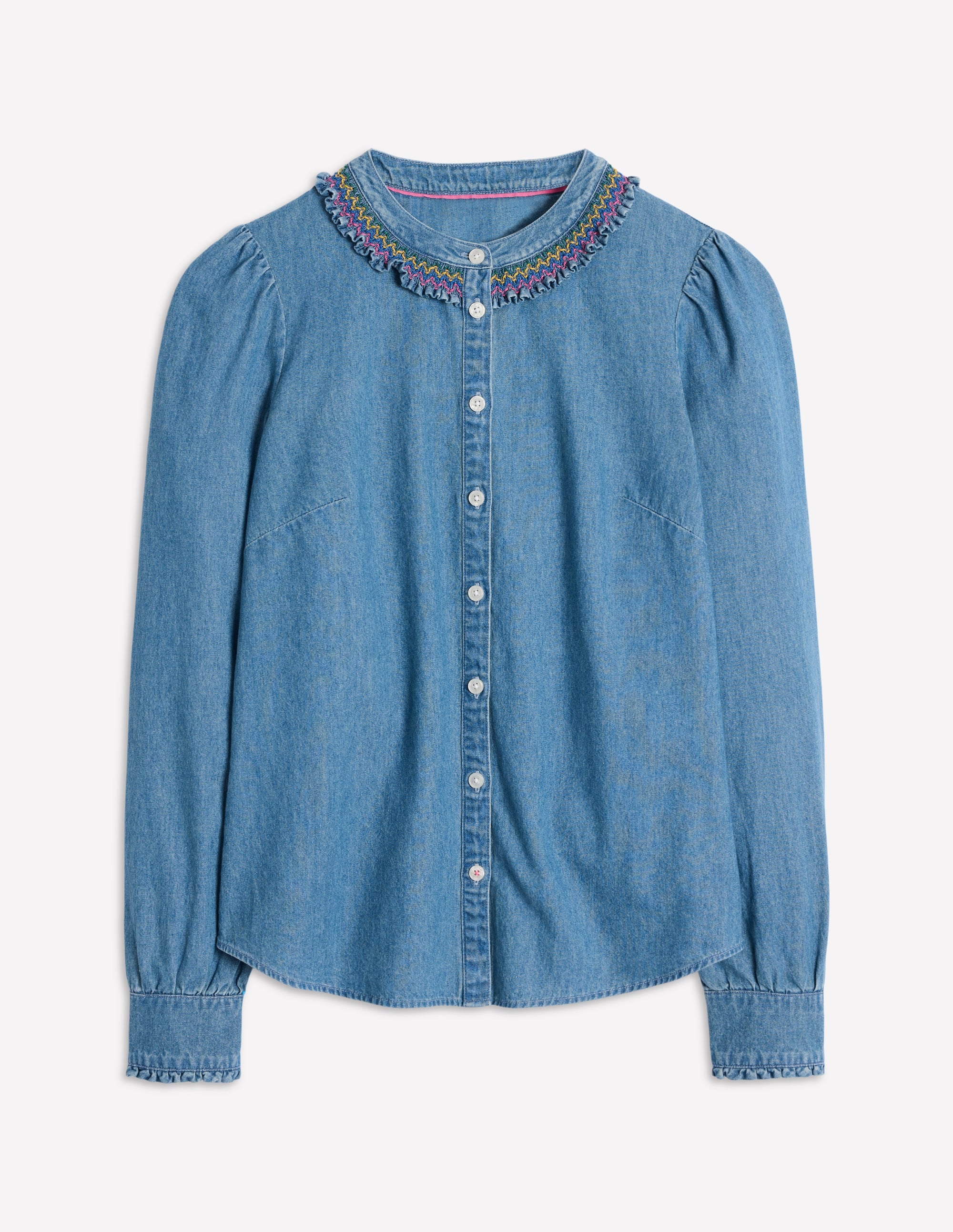 Smocked Neck Denim Shirt-Light Authentic - Image 2