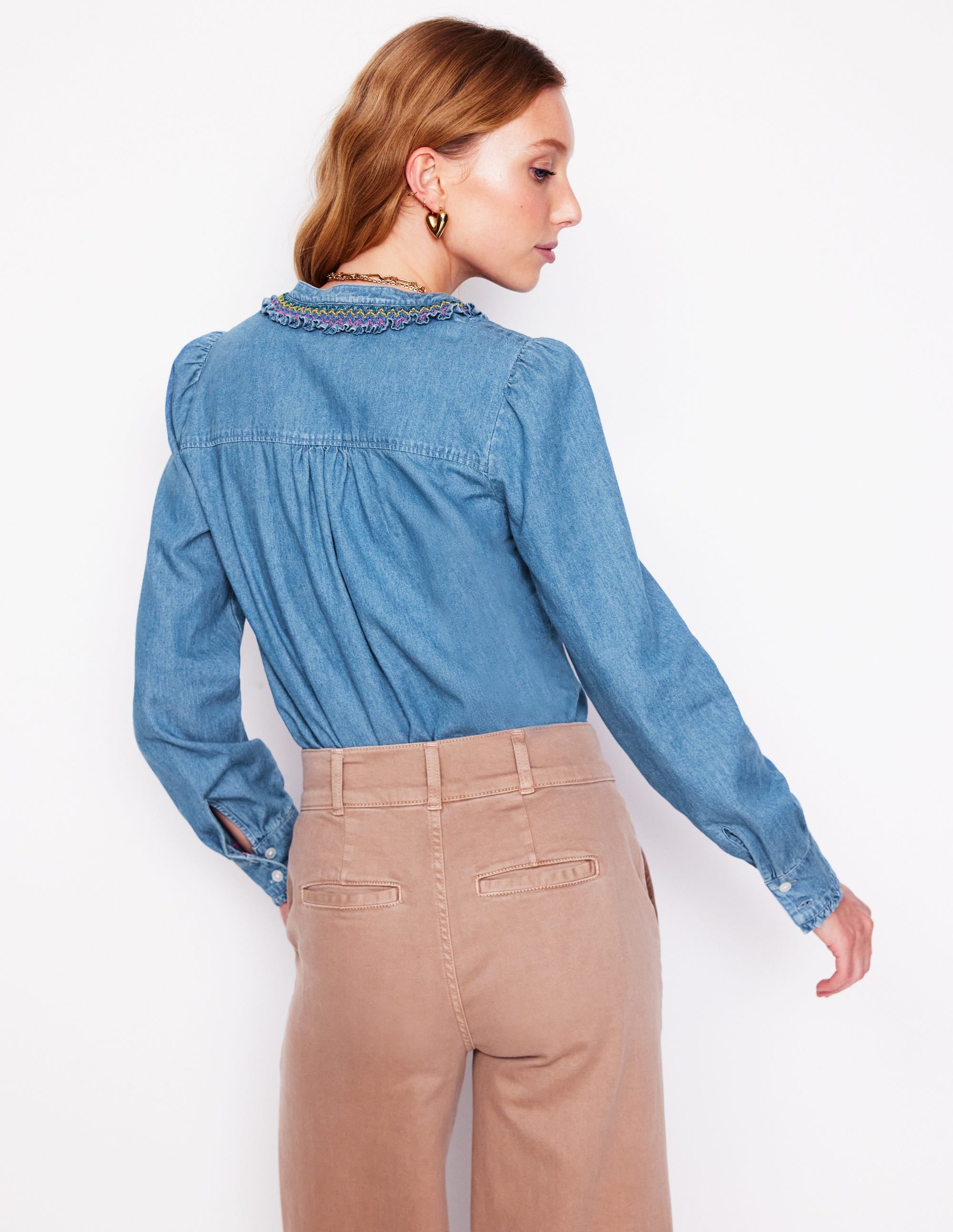 Smocked Neck Denim Shirt-Light Authentic - Image 4