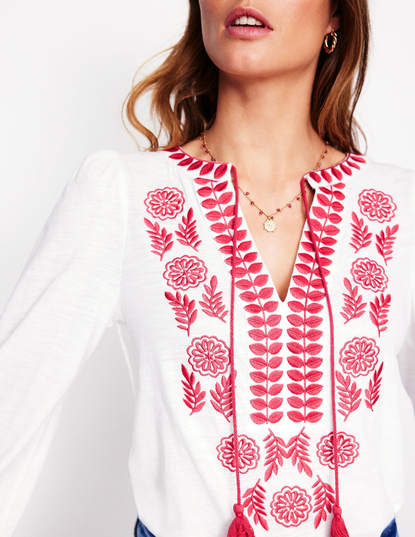 Nia Embroidered Top-White, Berry Red