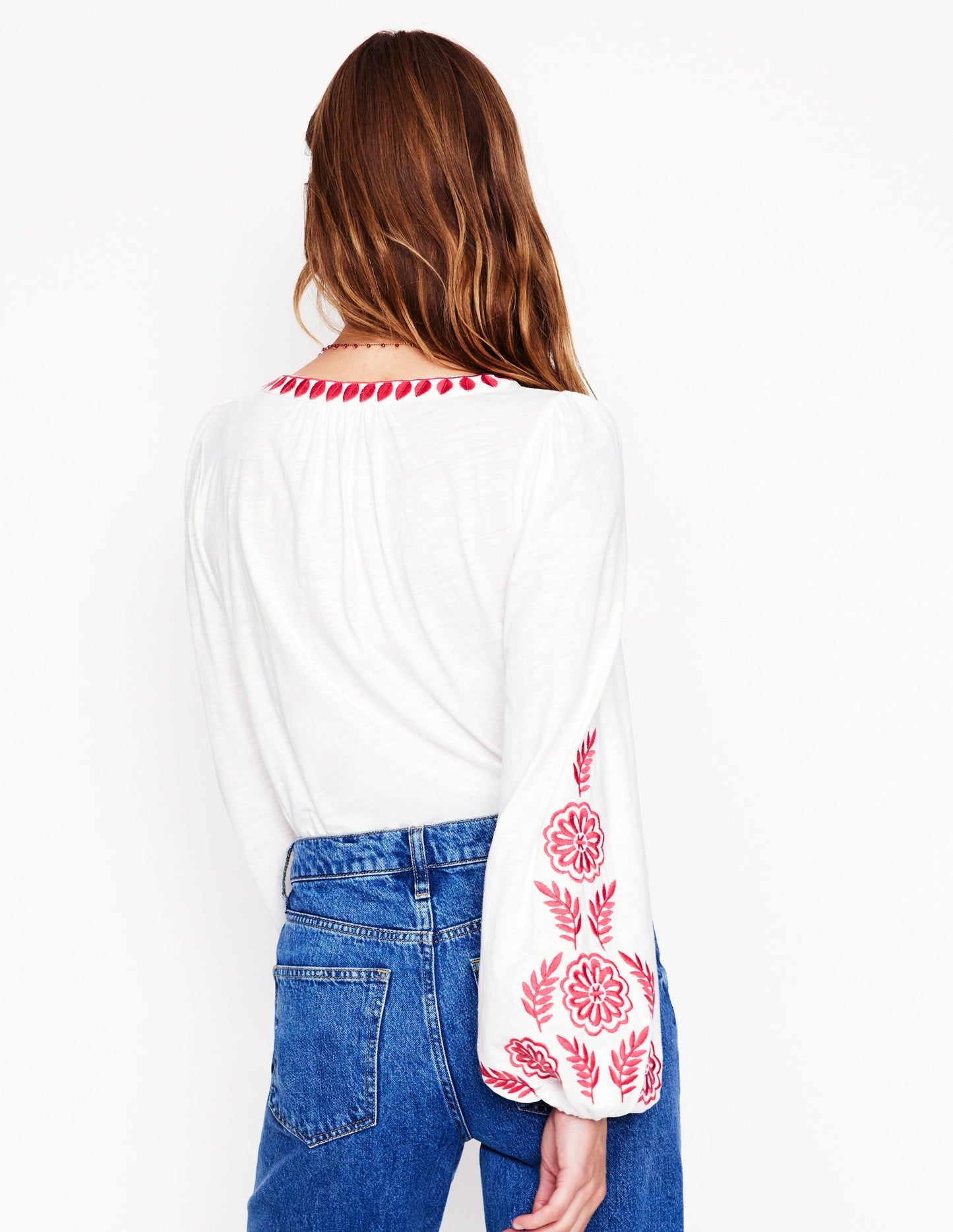 Nia Embroidered Top-White, Berry Red