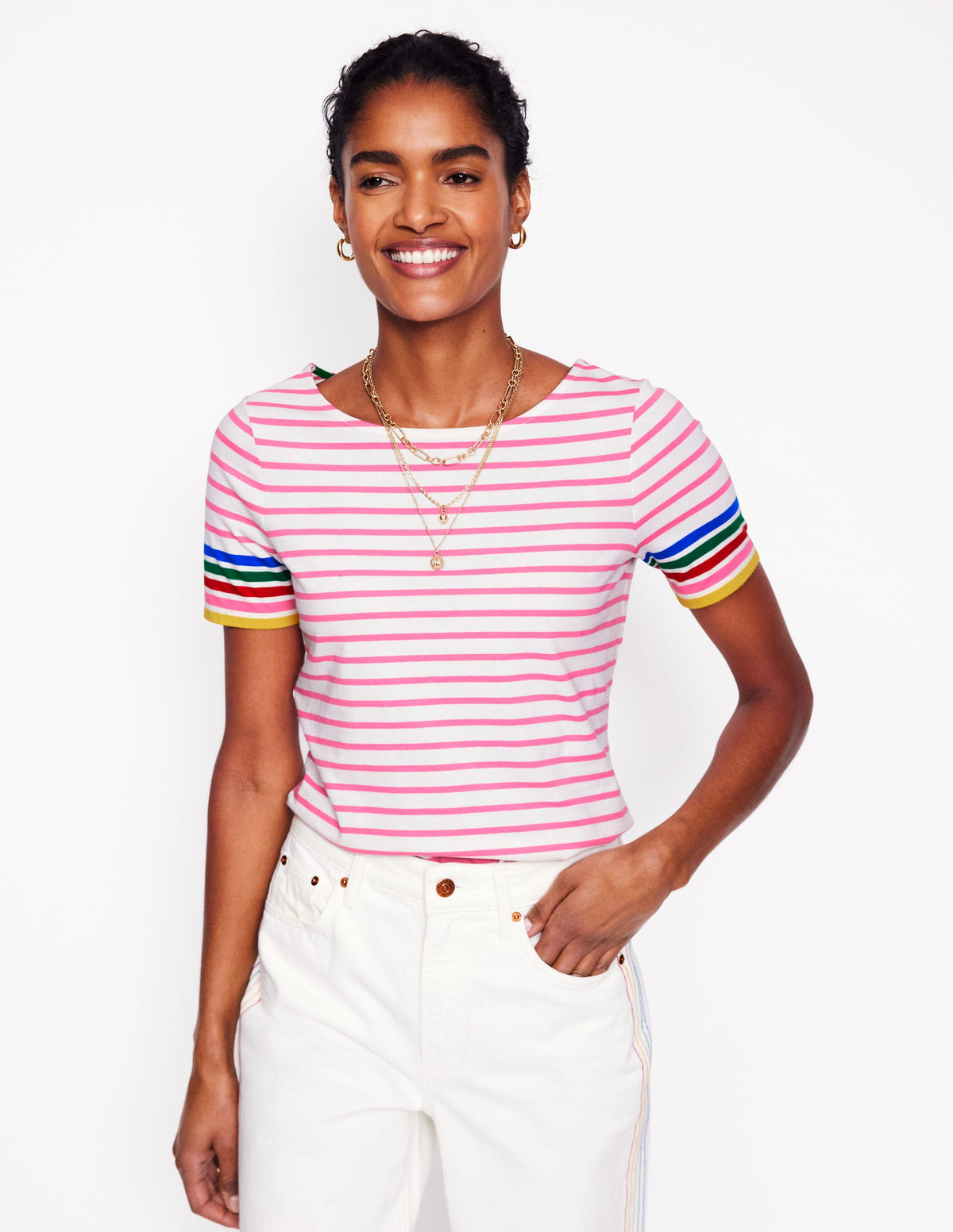 Ella Short Sleeve Breton-Pink Rose Multi Sleeve Stripe - Image 1