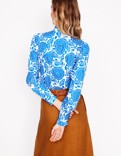 Felicity Cotton Blouse-Gallery Blue, Dahlia Stamp