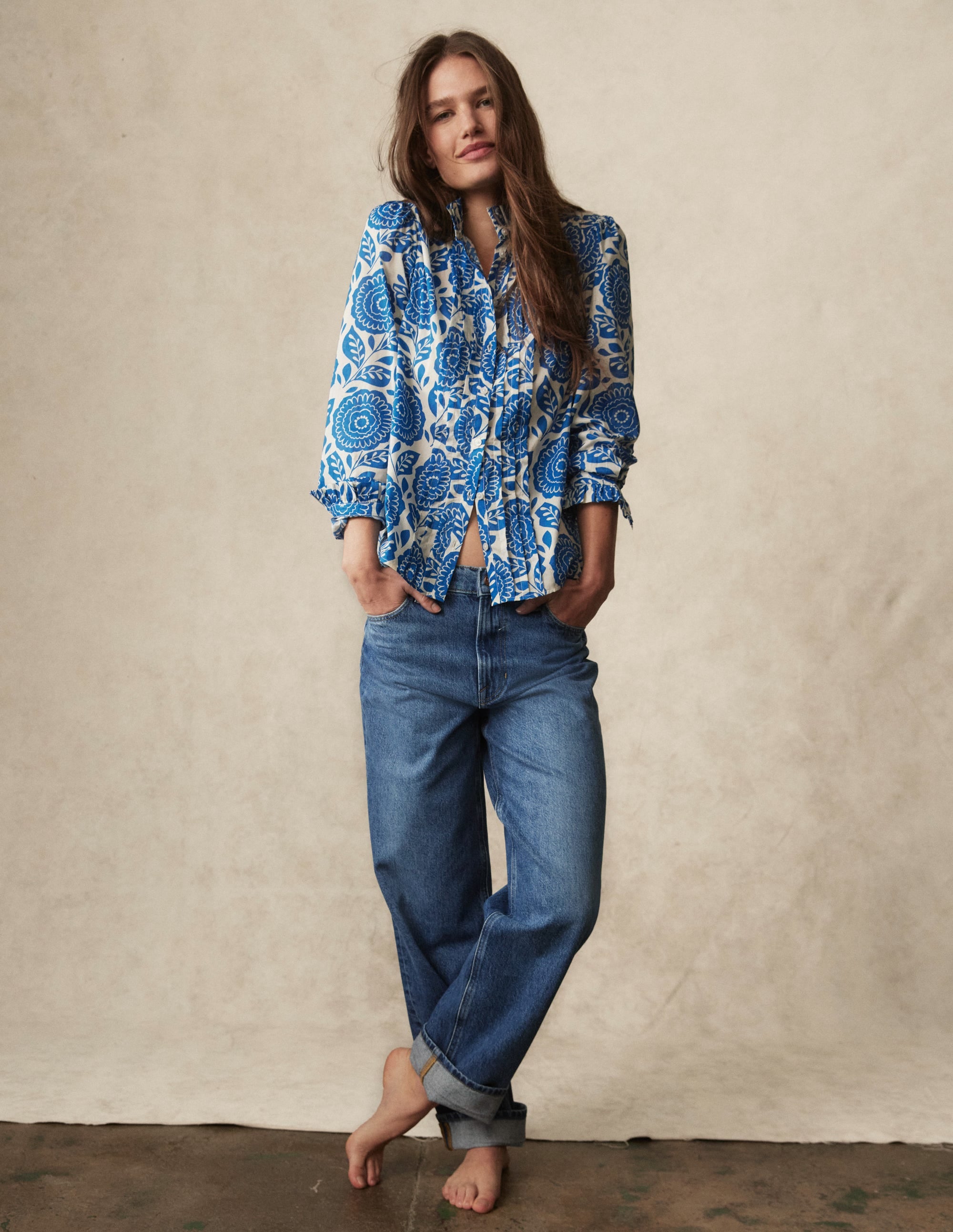 Felicity Cotton Blouse-Gallery Blue, Dahlia Stamp - Image 8