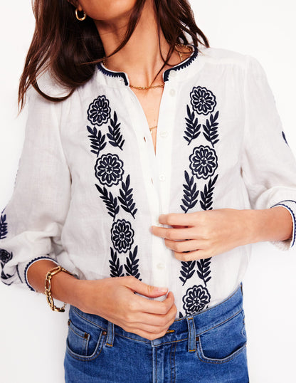 Alicia Linen Top-White, Navy Floral Embroidery